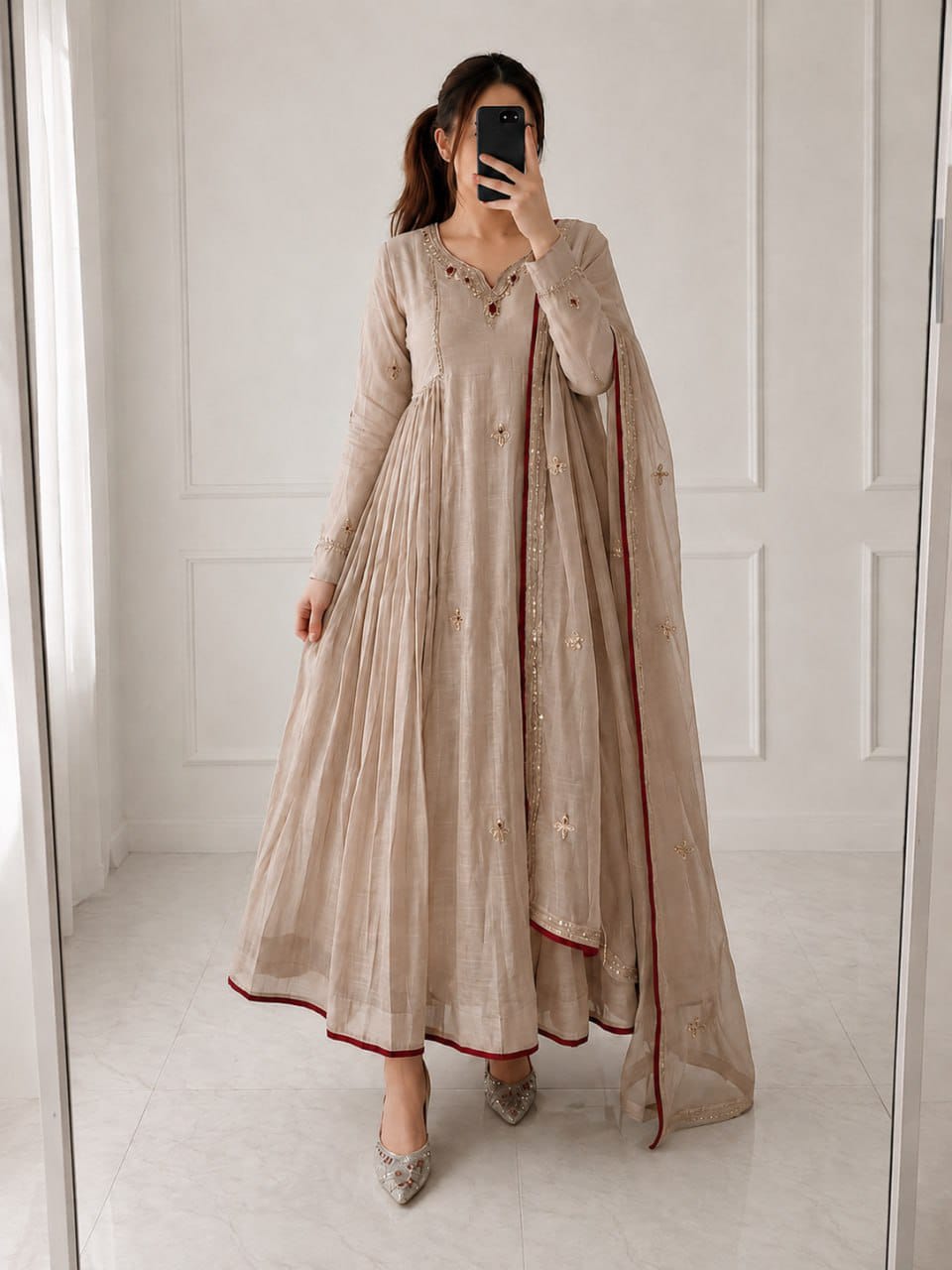 Beige Almond Anarkali Suit Set