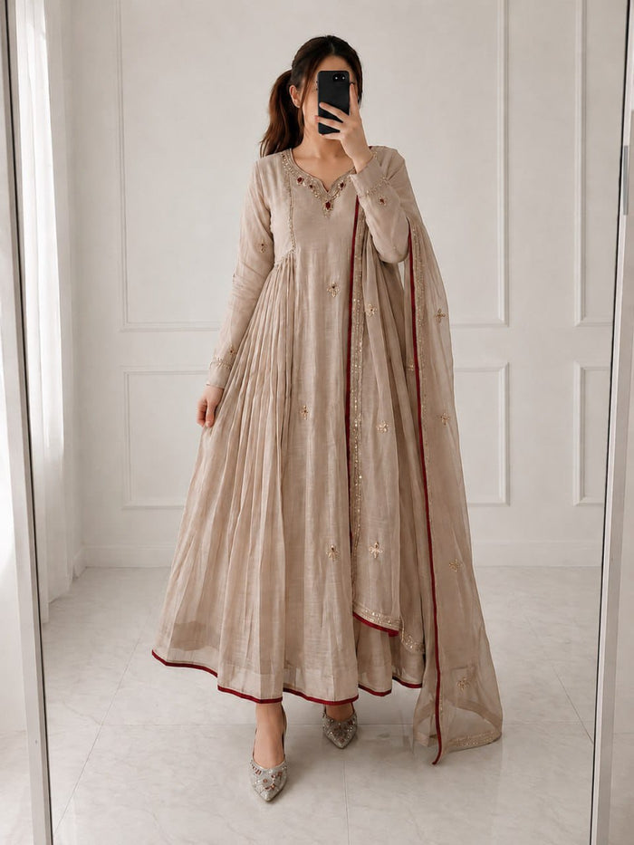 Beige Almond Anarkali Suit Set