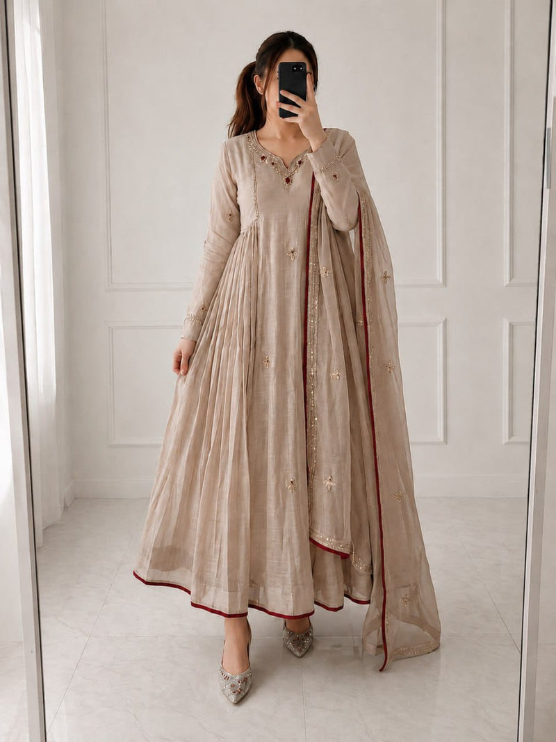 Beige Almond Anarkali Set with Dupatta