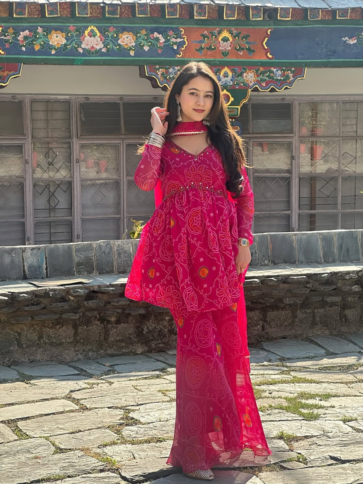 Velra Bandhej Mirror Work Chiffon Sharara Set with Dupatta