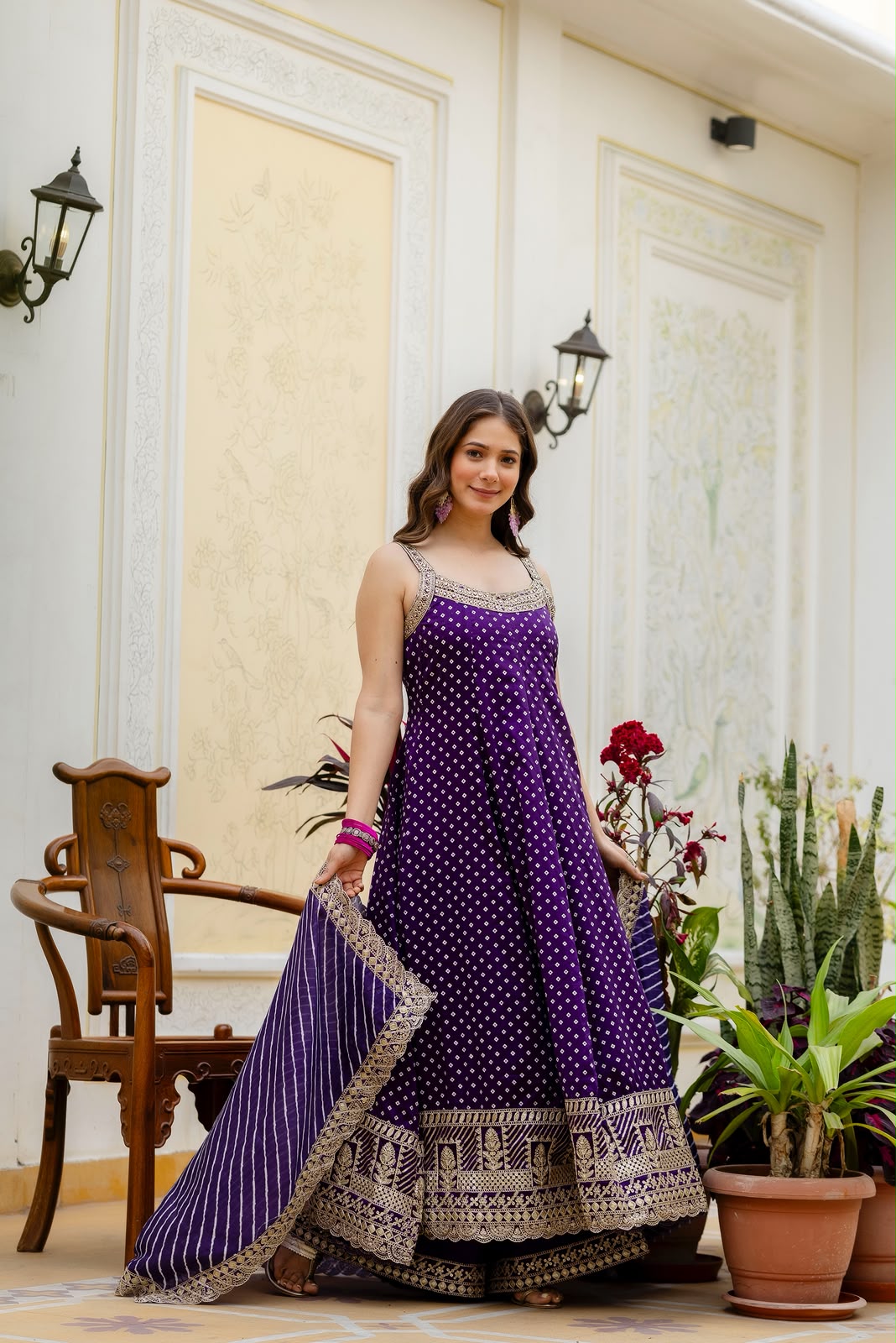 VELRA Noir Bandhani Vichitra Silk Anarkali Suit Set with Mirror Work – Festive Edit