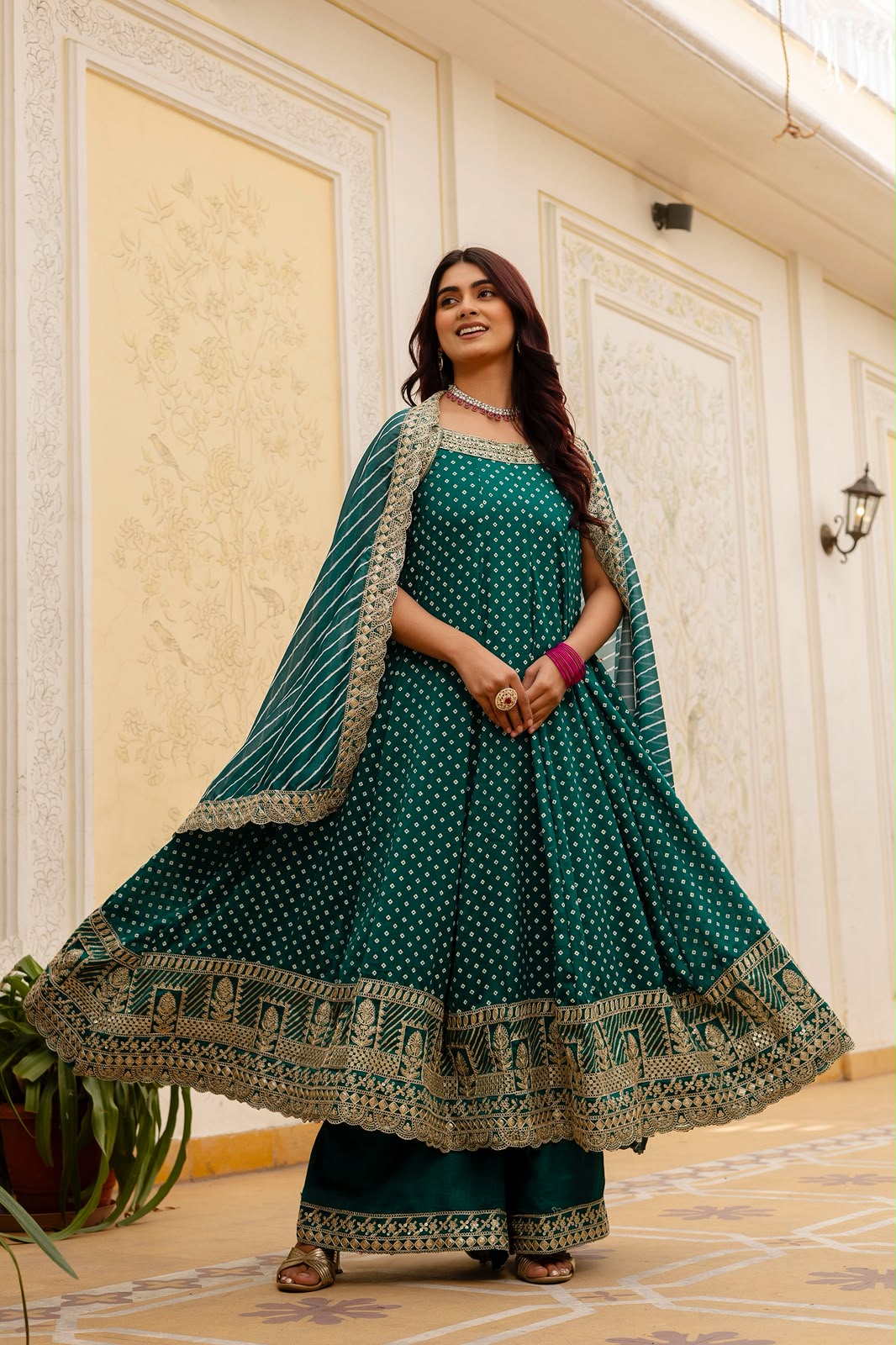 VELRA Noir Bandhani Vichitra Silk Anarkali Suit Set with Mirror Work – Festive Edit