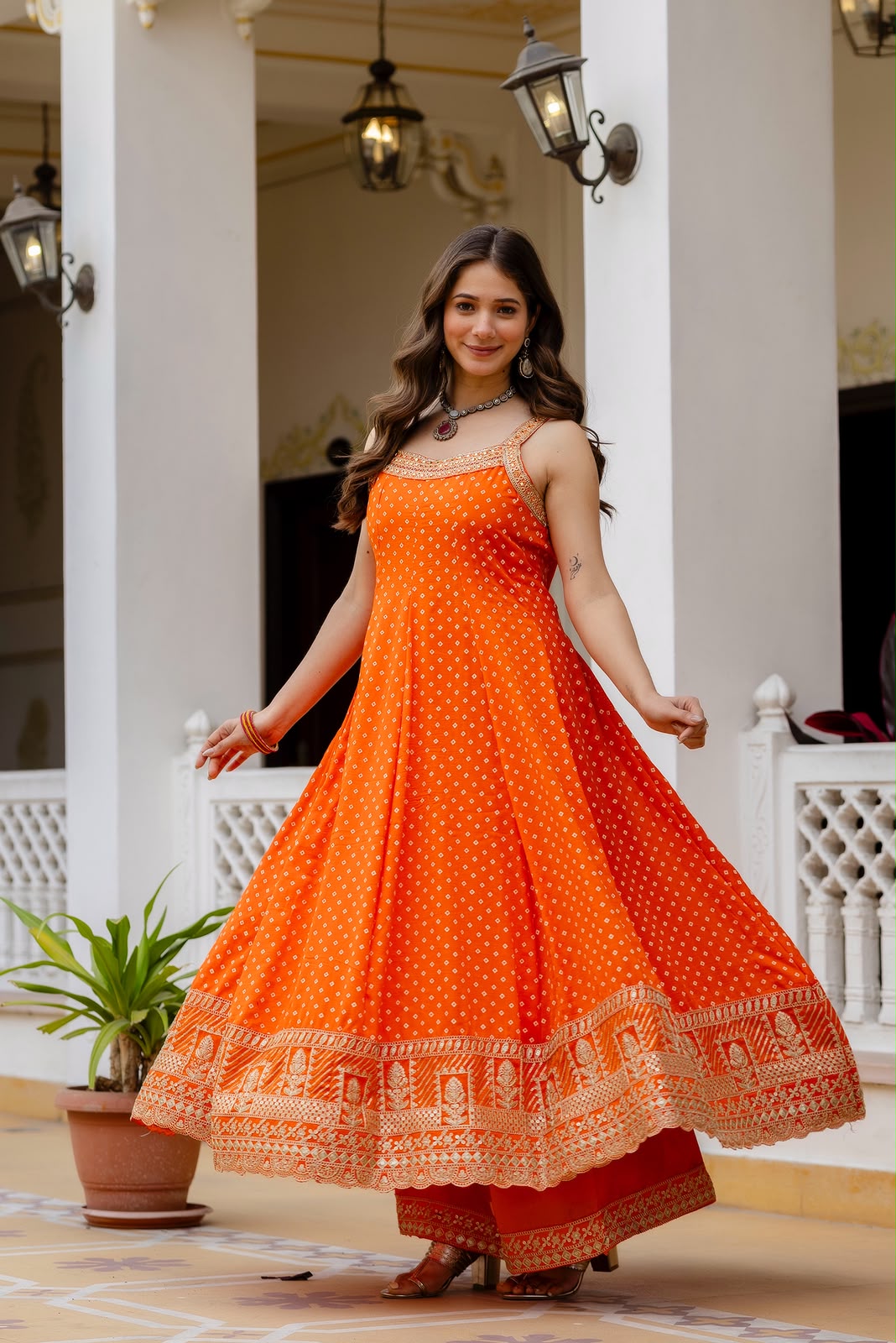 VELRA Noir Bandhani Vichitra Silk Anarkali Suit Set with Mirror Work – Festive Edit