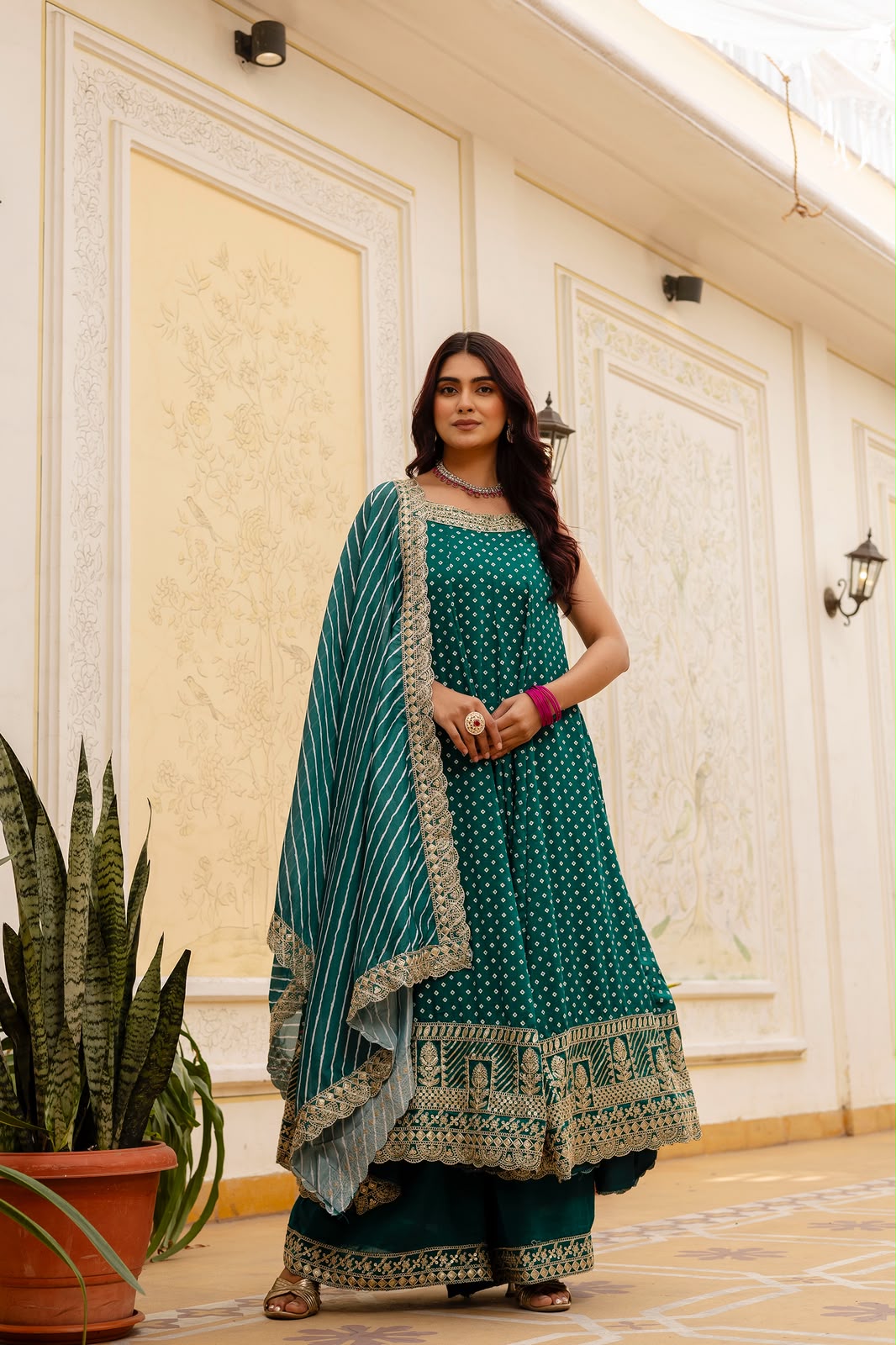 VELRA Noir Bandhani Vichitra Silk Anarkali Suit Set with Mirror Work – Festive Edit