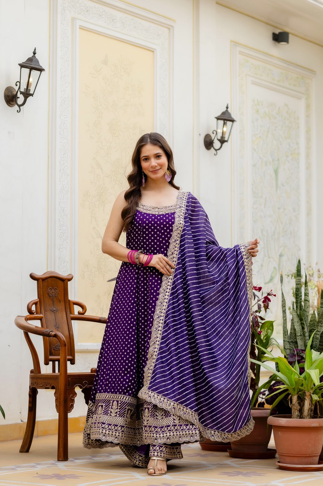 VELRA Noir Bandhani Vichitra Silk Anarkali Suit Set with Mirror Work – Festive Edit