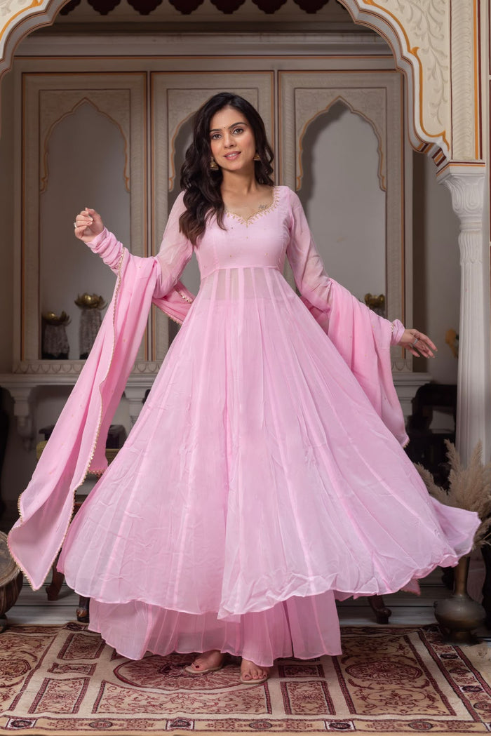 VELRA Premium Fox Georgette Anarkali Set with Dupatta & Palazzo – Soft Flowing Ethnic Wear