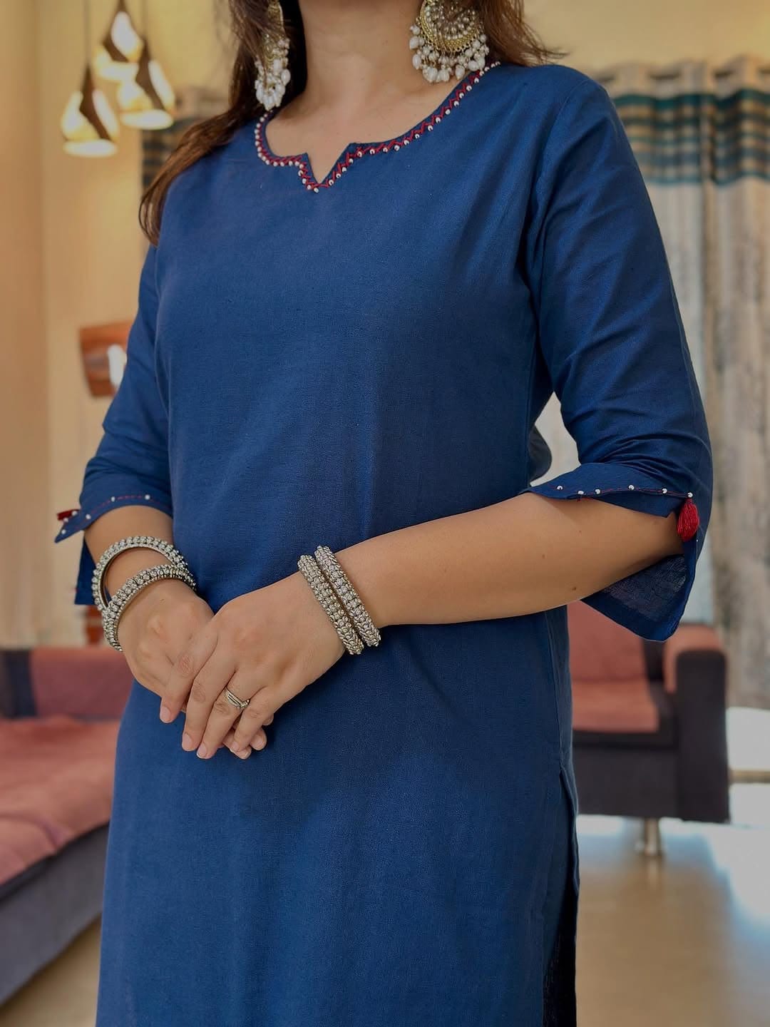 VELRA Noir Cotton Suit Set with Ajrakh Dupatta – Navy Blue Elegance