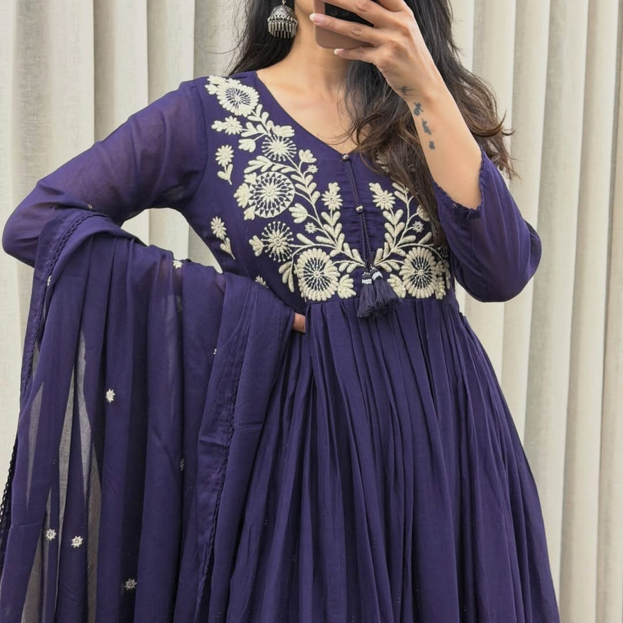 Embroidered Mul Cotton Anarkali Set with Dupatta