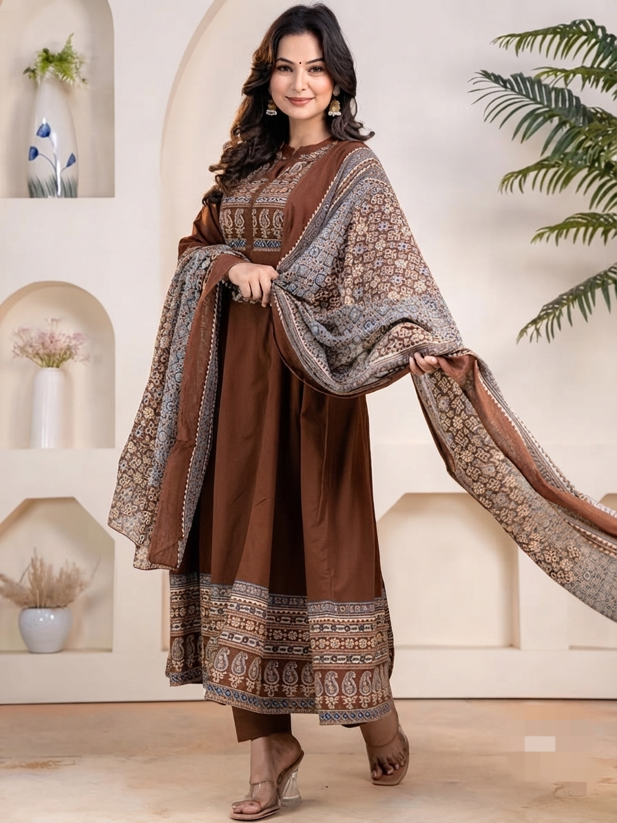 VELRA Noir Printed Anarkali Suit Set with Dupatta