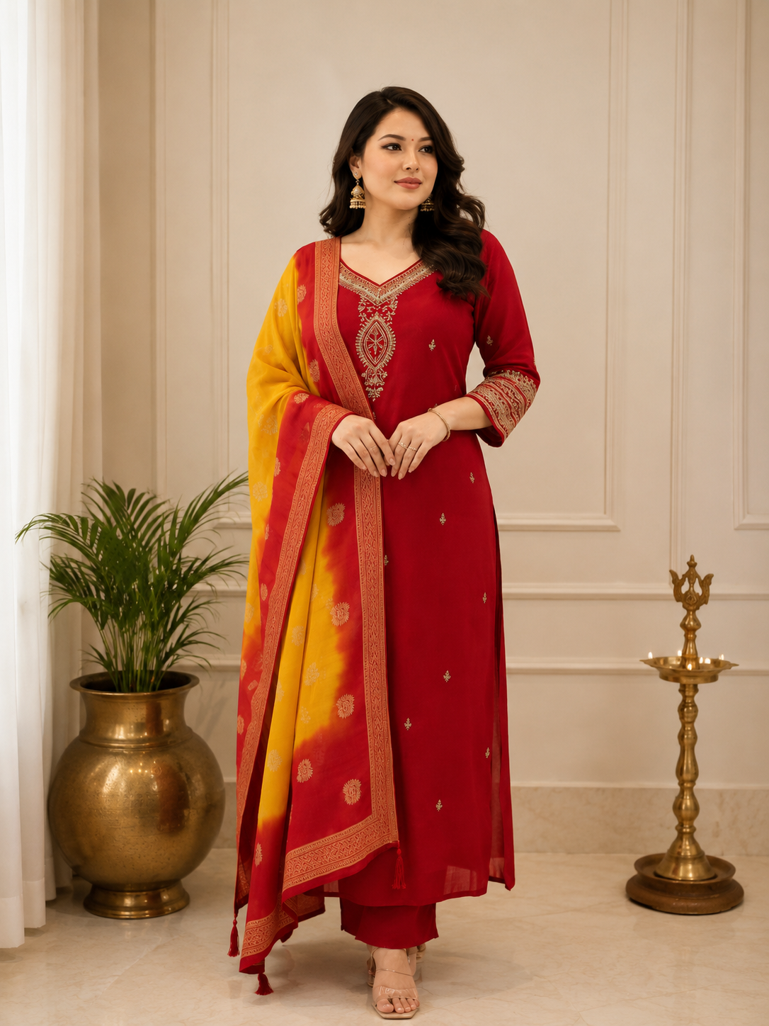 Embroidered Chanderi Blend Kurta Set with Dupatta