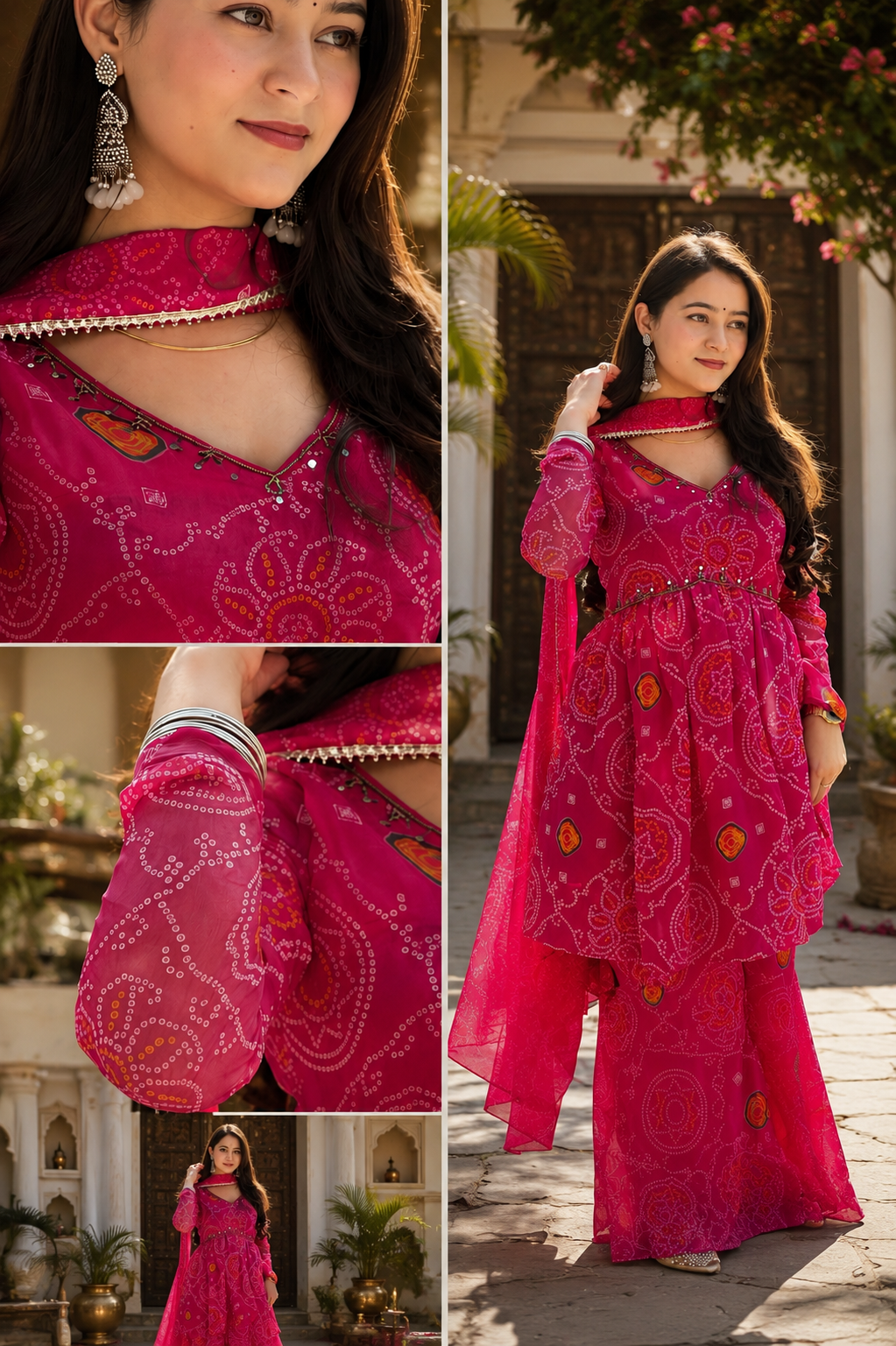 Velra Bandhej Mirror Work Chiffon Sharara Set with Dupatta