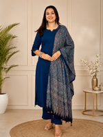 VELRA Noir Cotton Suit Set with Ajrakh Dupatta – Navy Blue Elegance