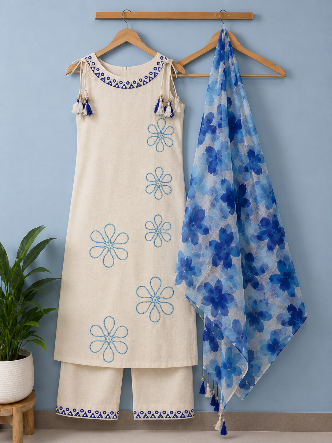 VELRA Summer Cotton Flex Dori-Tie Kurta Set with Kota Doria Dupatta