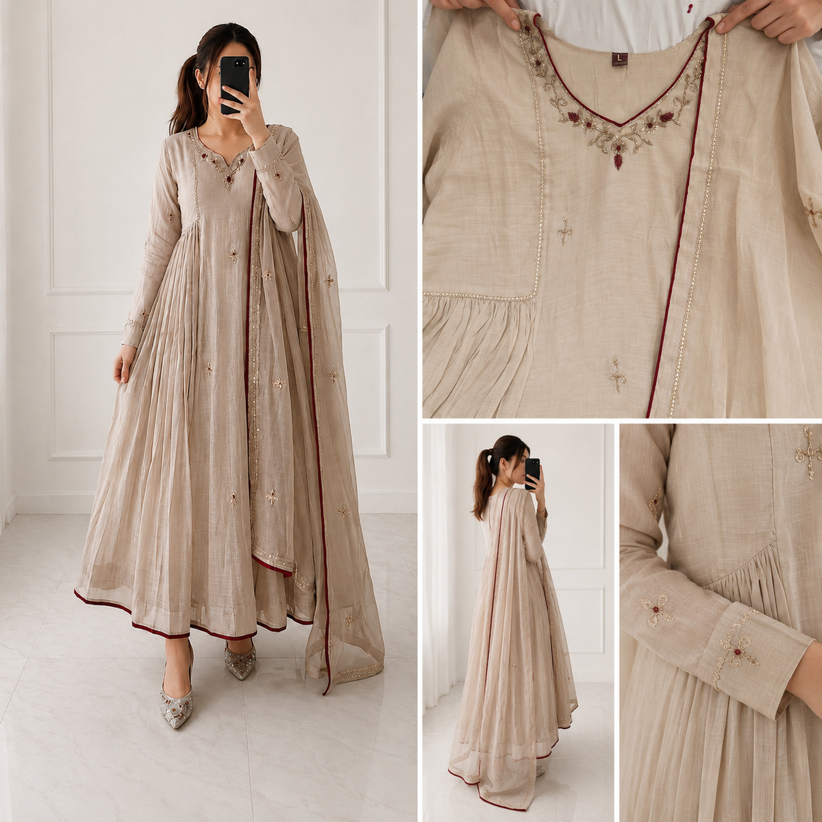 Beige Almond Anarkali Suit Set