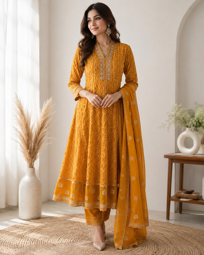 Mustard Yellow Jaipuri Print Cotton Kurta Set with Dupatta