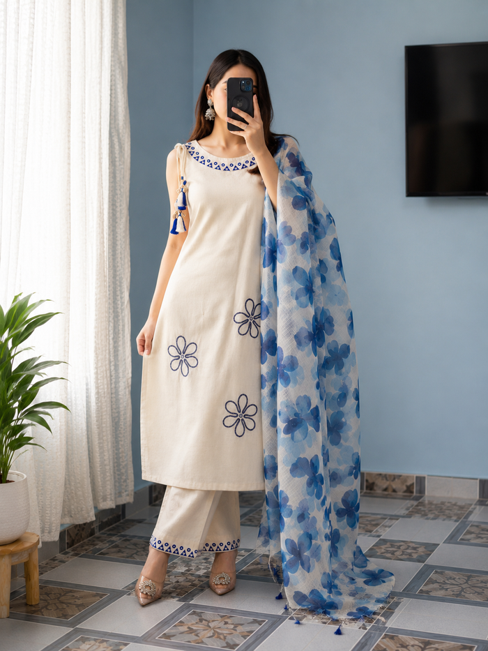 VELRA Summer Cotton Flex Dori-Tie Kurta Set with Kota Doria Dupatta