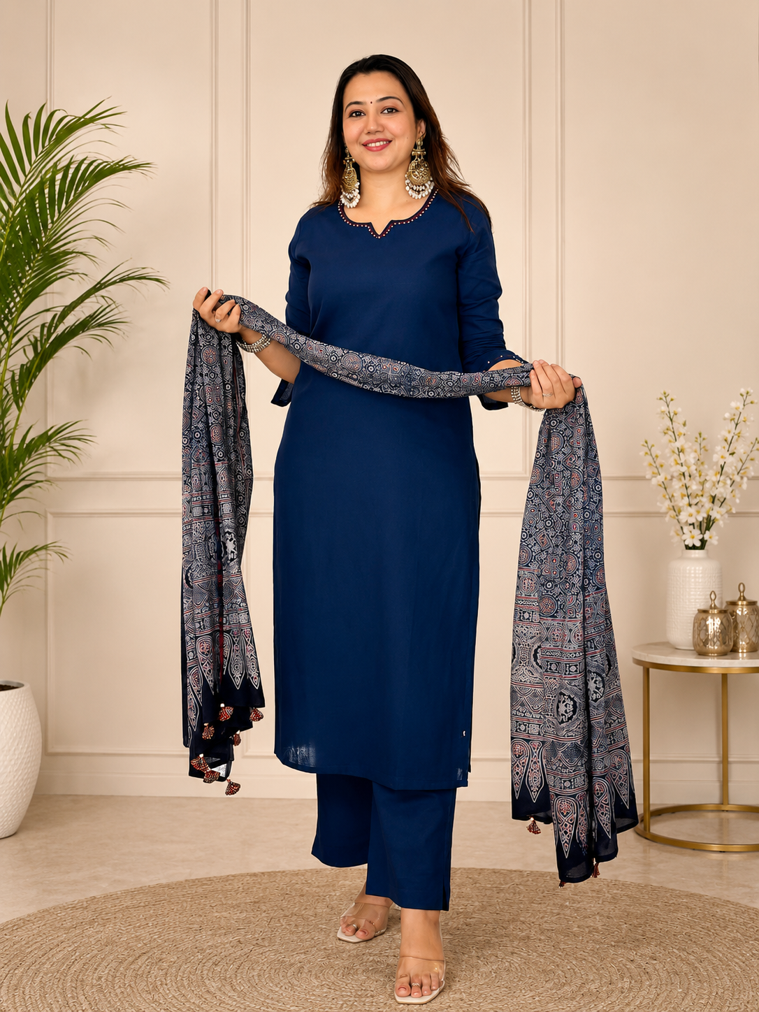 VELRA Noir Cotton Suit Set with Ajrakh Dupatta – Navy Blue Elegance
