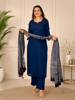 VELRA Noir Cotton Suit Set with Ajrakh Dupatta – Navy Blue Elegance